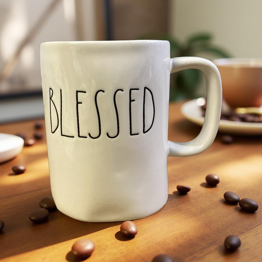 Magenta “Blessed” Mug – White Ceramic Farmhouse Style – EUC